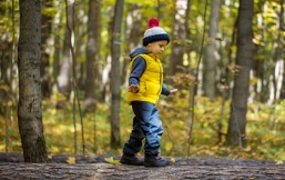 Un garçon de 4 ans marche sur un tronc d’arbre Un garçon de 4 ans marche sur un tronc d’arbre
